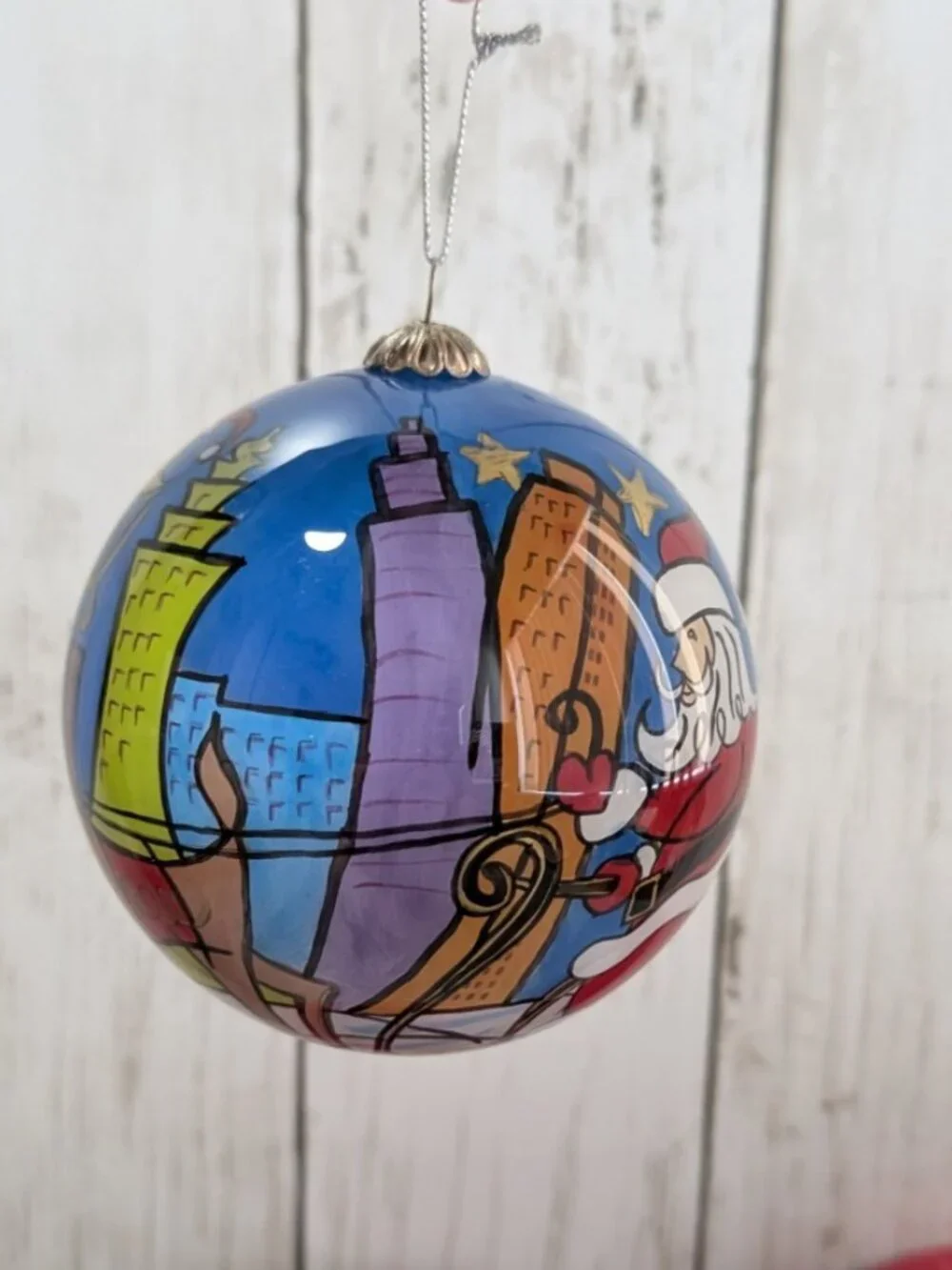 Pier 1 2006 Li Bien Glass Christmas Ornament Santa Skyline Reverse Painted
